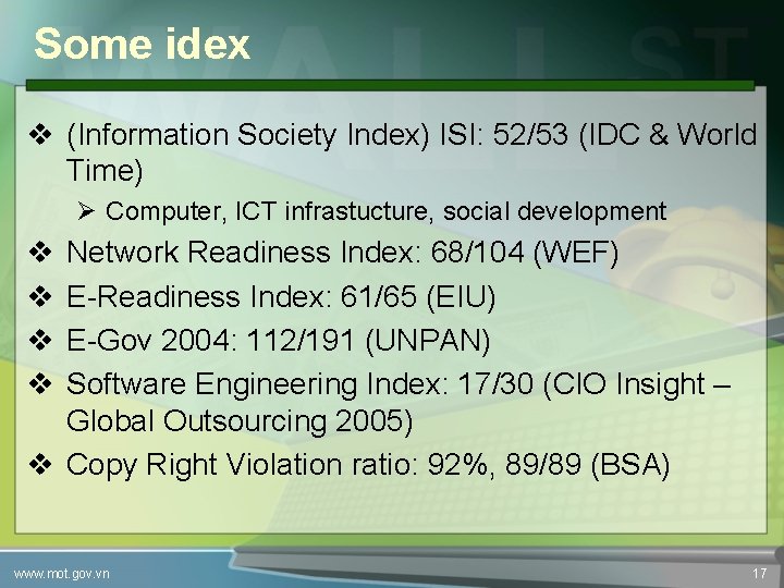 Some idex v (Information Society Index) ISI: 52/53 (IDC & World Time) Ø Computer,
