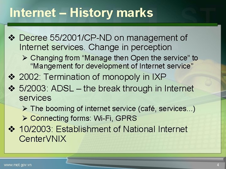 Internet – History marks v Decree 55/2001/CP-ND on management of Internet services. Change in