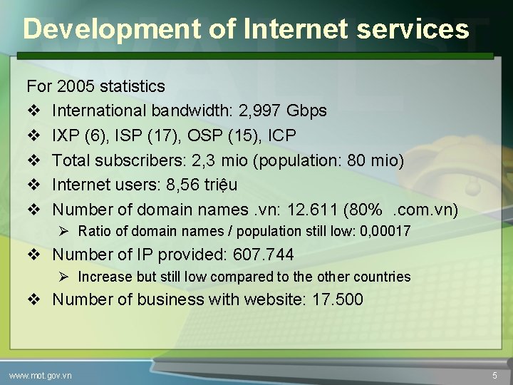 Development of Internet services For 2005 statistics v International bandwidth: 2, 997 Gbps v