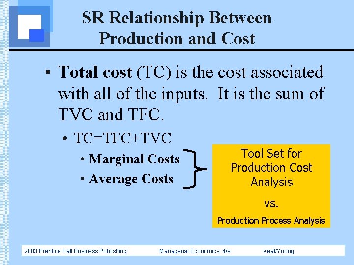SR Relationship Between Production and Cost • Total cost (TC) is the cost associated