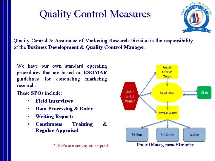 Quality Control Measures Quality Control & Assurance of Marketing Research Division is the responsibility