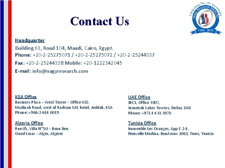 Contact Us Headquarter Building 63, Road 104, Maadi, Cairo, Egypt. Phone: +20 -2 -25275071