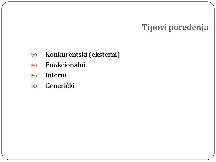 Tipovi poređenja Konkurentski (eksterni) Funkcionalni Interni Generički 