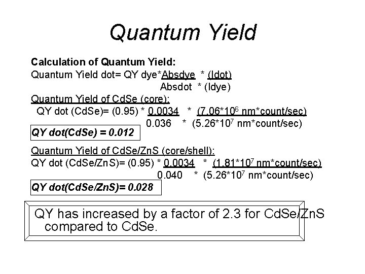 Quantum Yield Calculation of Quantum Yield: Quantum Yield dot= QY dye*Absdye * (Idot) Absdot Quantum Yield Calculation of Quantum Yield: Quantum Yield dot= QY dye*Absdye * (Idot) Absdot