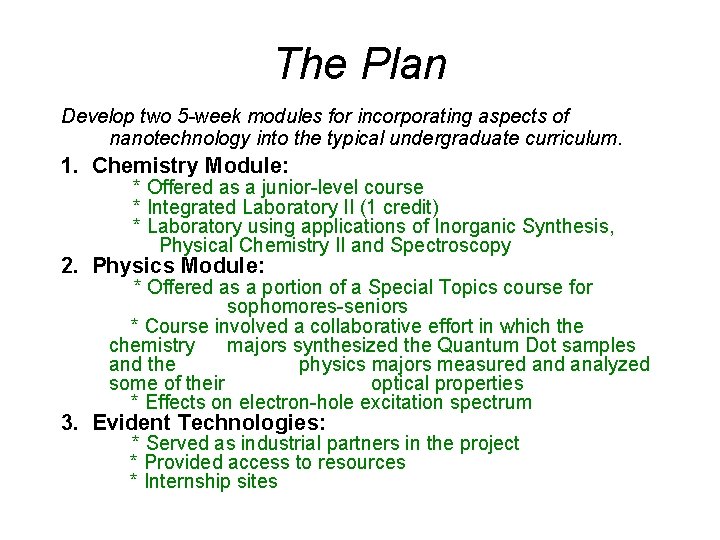 The Plan Develop two 5 -week modules for incorporating aspects of nanotechnology into the The Plan Develop two 5 -week modules for incorporating aspects of nanotechnology into the