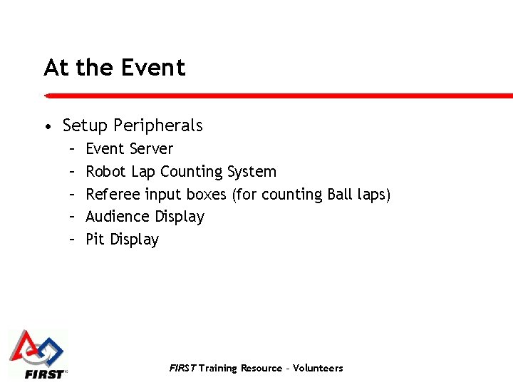 At the Event • Setup Peripherals – – – Event Server Robot Lap Counting