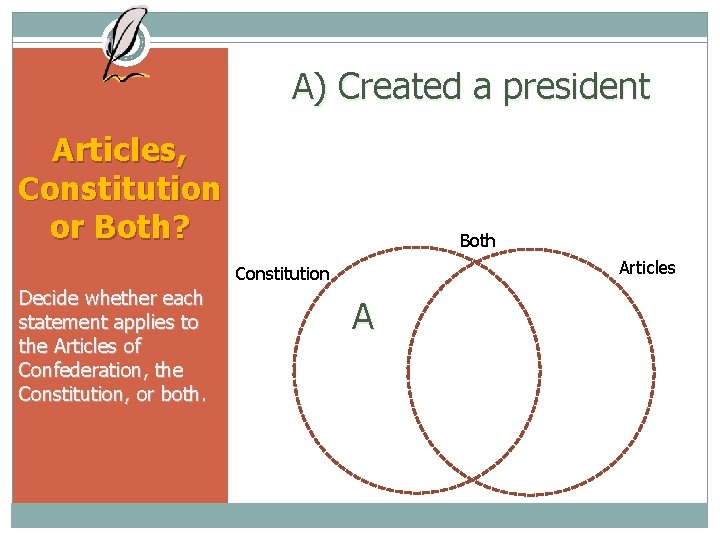 A) Created a president Articles, Constitution or Both? Both Articles Constitution Decide whether each