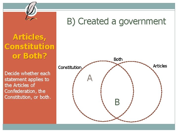 B) Created a government Articles, Constitution or Both? Both Articles Constitution Decide whether each