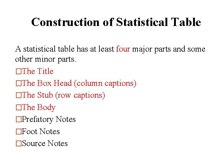 Construction of Statistical Table A statistical table has at least four major parts and