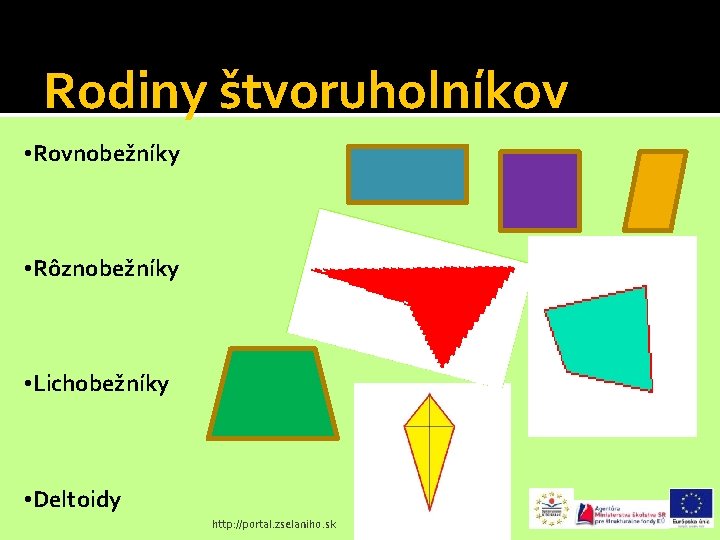 Rodiny štvoruholníkov • Rovnobežníky • Rôznobežníky • Lichobežníky • Deltoidy http: //portal. zselaniho. sk