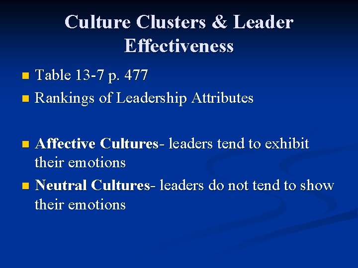 Culture Clusters & Leader Effectiveness Table 13 -7 p. 477 n Rankings of Leadership