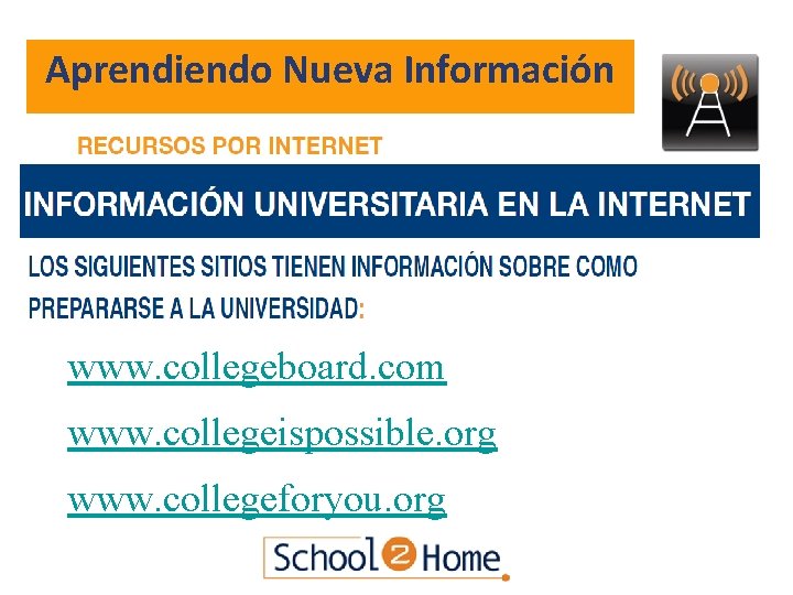 Aprendiendo Nueva Información www. collegeboard. com www. collegeispossible. org www. collegeforyou. org 