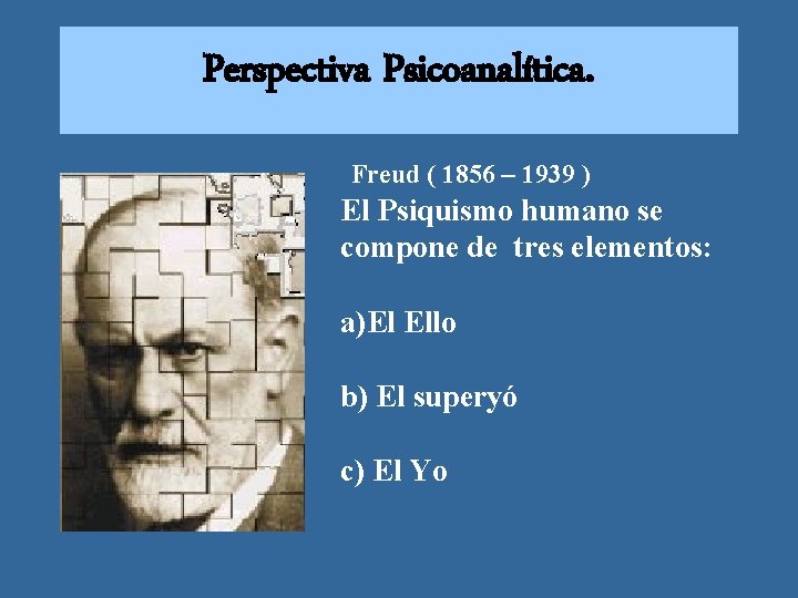 Perspectiva Psicoanalítica. Freud ( 1856 – 1939 ) El Psiquismo humano se compone de