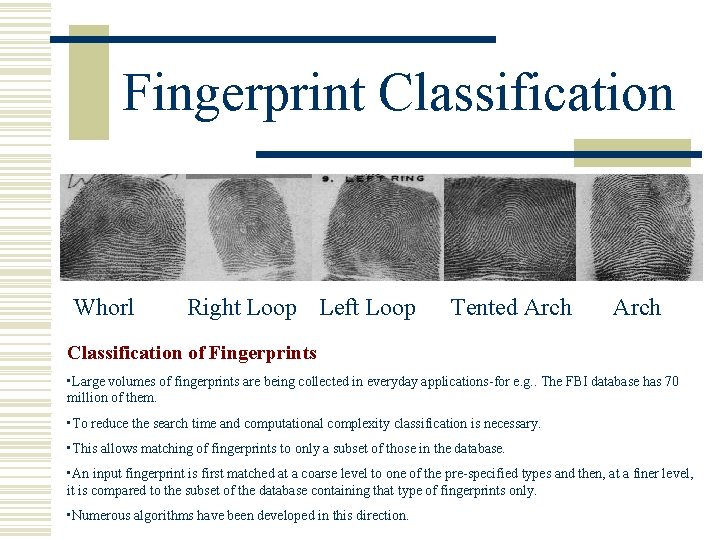 Fingerprint Classification Whorl Right Loop Left Loop Tented Arch Classification of Fingerprints • Large