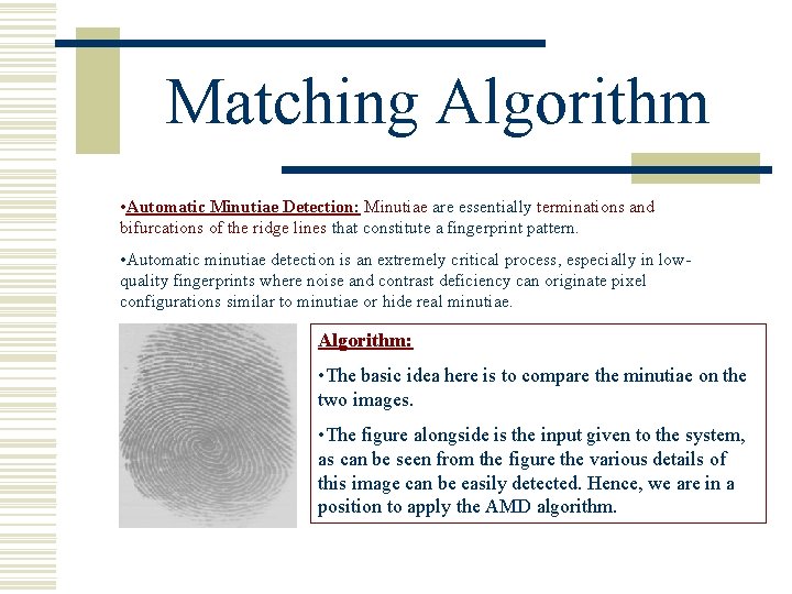Matching Algorithm • Automatic Minutiae Detection: Minutiae are essentially terminations and bifurcations of the