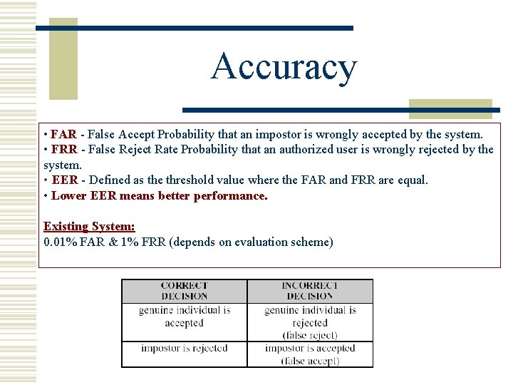 Accuracy • FAR - False Accept Probability that an impostor is wrongly accepted by