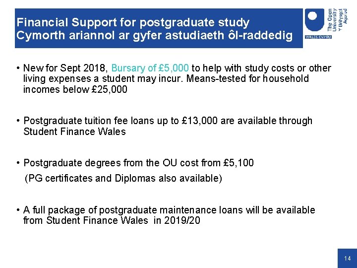 Financial Support for postgraduate study Cymorth ariannol ar gyfer astudiaeth ôl-raddedig • New for Financial Support for postgraduate study Cymorth ariannol ar gyfer astudiaeth ôl-raddedig • New for
