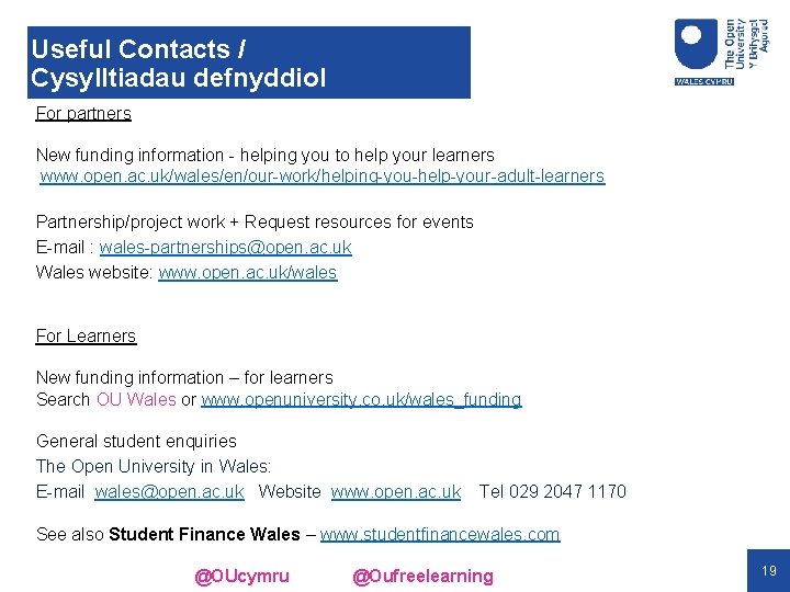 Useful Contacts / Cysylltiadau defnyddiol For partners New funding information - helping you to Useful Contacts / Cysylltiadau defnyddiol For partners New funding information - helping you to
