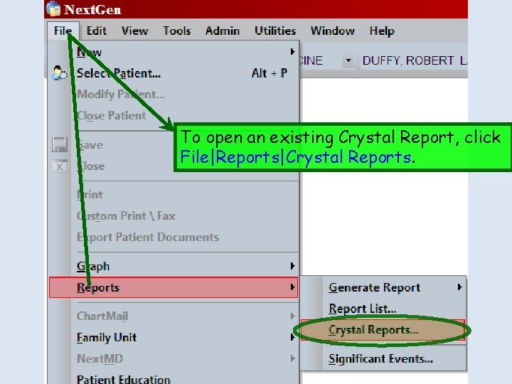 To open an existing Crystal Report, click File|Reports|Crystal Reports. 