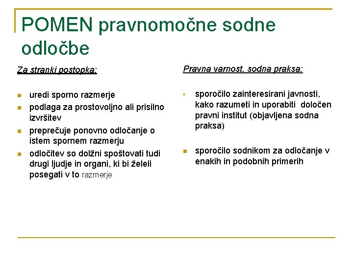 POMEN pravnomočne sodne odločbe Za stranki postopka: uredi sporno razmerje podlaga za prostovoljno ali