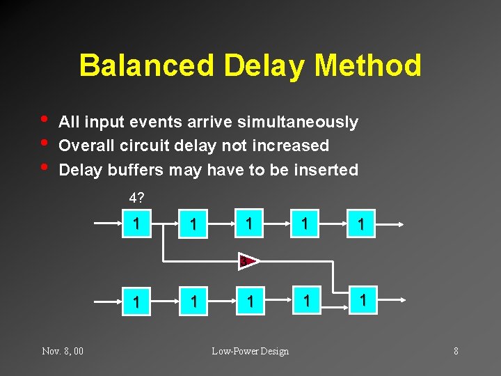 Balanced Delay Method • • • All input events arrive simultaneously Overall circuit delay