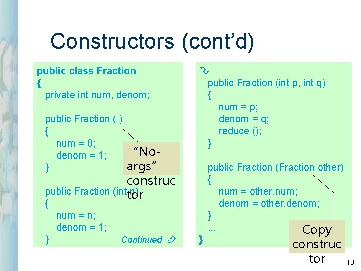 Constructors (cont’d) public class Fraction { private int num, denom; public Fraction ( ) Constructors (cont’d) public class Fraction { private int num, denom; public Fraction ( )