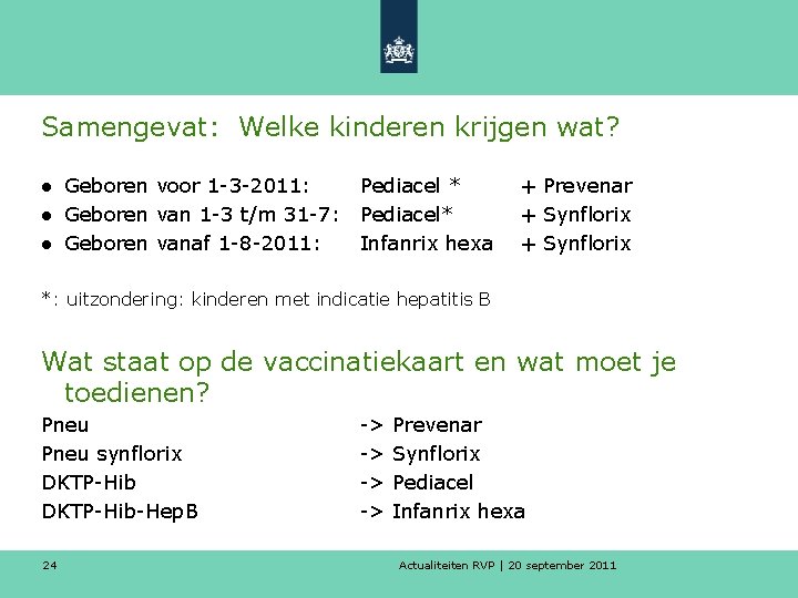 Samengevat: Welke kinderen krijgen wat? ● Geboren voor 1 -3 -2011: Pediacel * ●