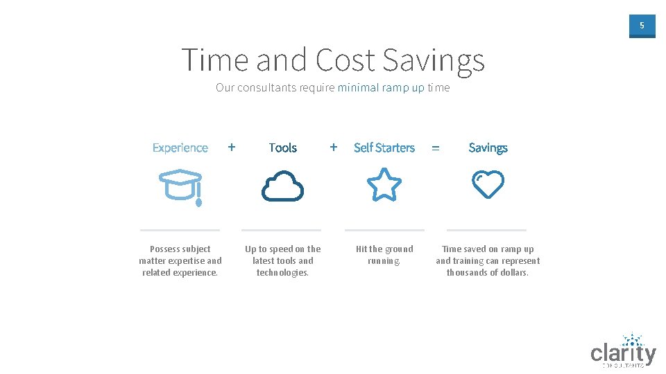 5 Time and Cost Savings Our consultants require minimal ramp up time Experience Possess