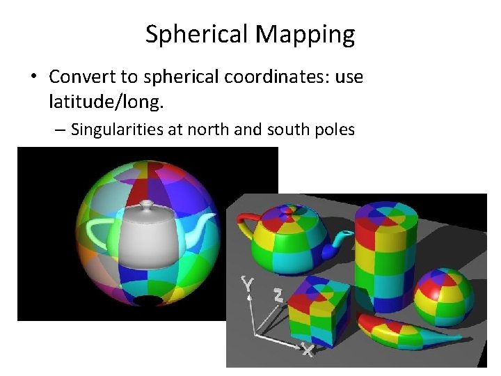 Spherical Mapping • Convert to spherical coordinates: use latitude/long. – Singularities at north and