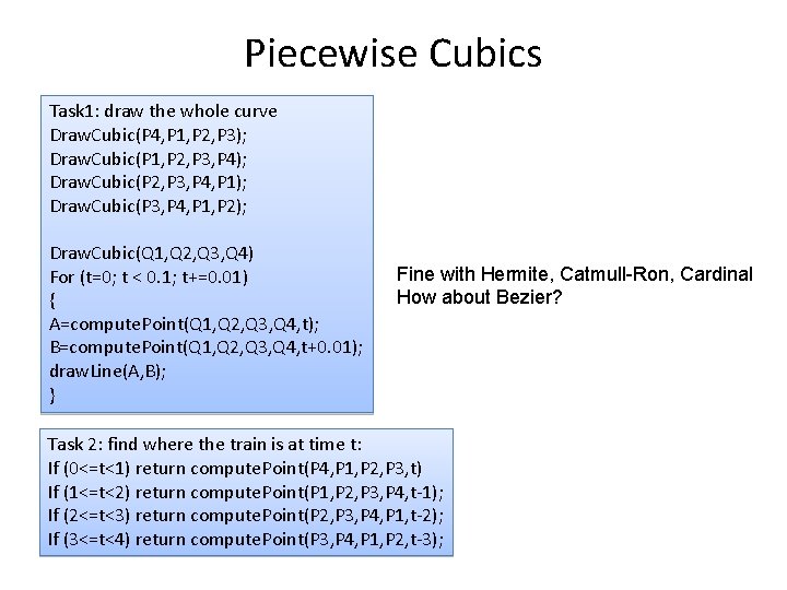 Piecewise Cubics Task 1: draw the whole curve Draw. Cubic(P 4, P 1, P