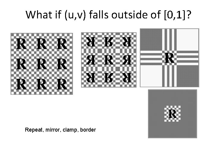 What if (u, v) falls outside of [0, 1]? Repeat, mirror, clamp, border 