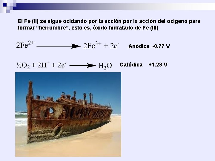 El Fe (II) se sigue oxidando por la acción del oxigeno para formar “herrumbre”,