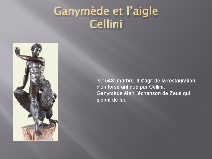 Ganymède et l’aigle Cellini v. 1548, marbre. Il s'agit de la restauration d'un torse