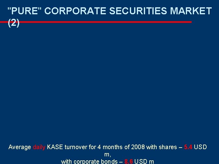 "PURE" CORPORATE SECURITIES MARKET (2) Average daily KASE turnover for 4 months of 2008 "PURE" CORPORATE SECURITIES MARKET (2) Average daily KASE turnover for 4 months of 2008