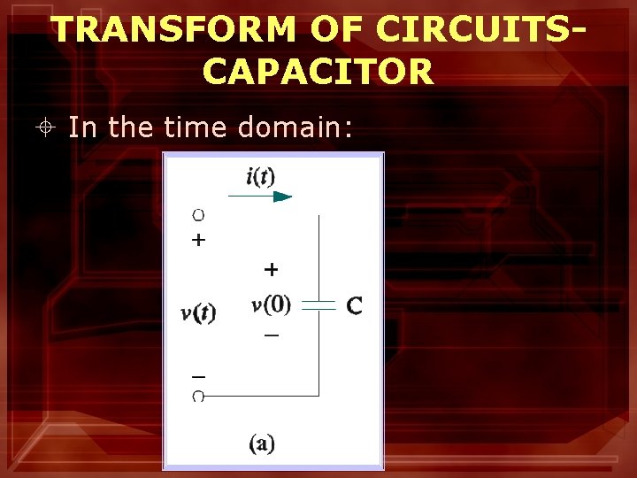 TRANSFORM OF CIRCUITSCAPACITOR ± In the time domain: 