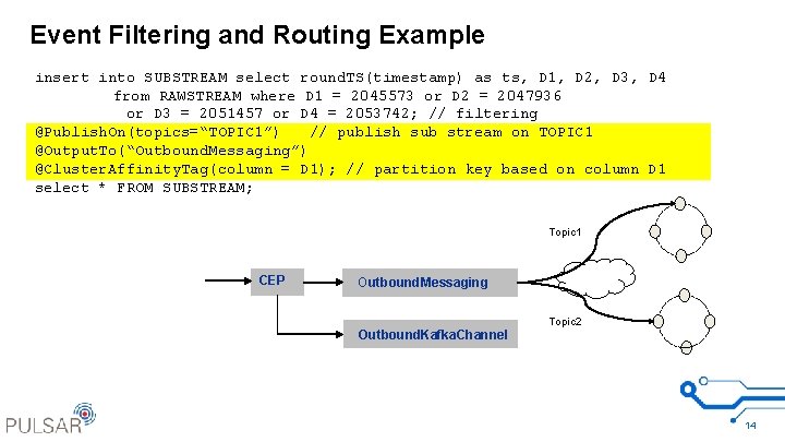 Event Filtering and Routing Example insert into SUBSTREAM select round. TS(timestamp) as ts, D