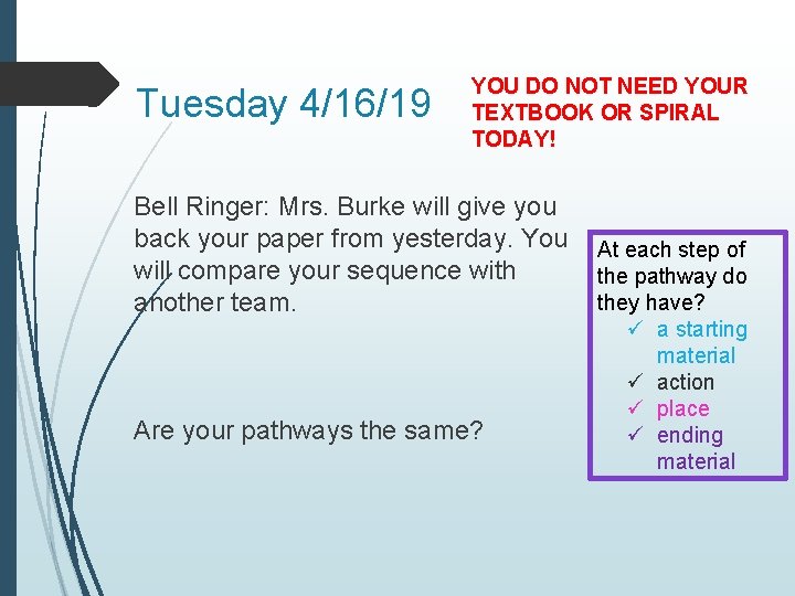 Tuesday 4/16/19 YOU DO NOT NEED YOUR TEXTBOOK OR SPIRAL TODAY! Bell Ringer: Mrs.