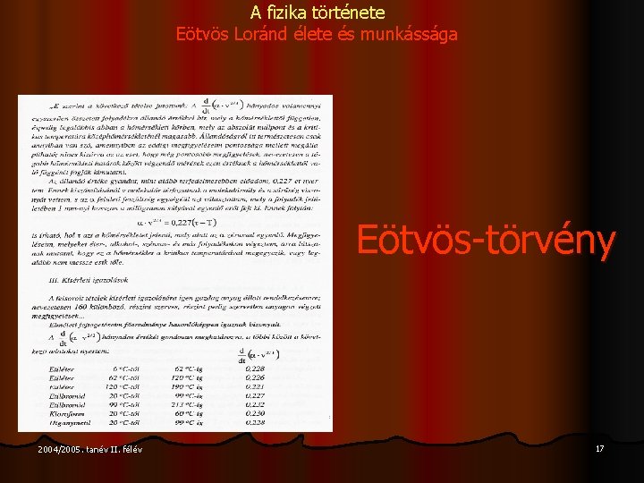 A fizika története Eötvös Loránd élete és munkássága Eötvös-törvény 2004/2005. tanév II. félév 17