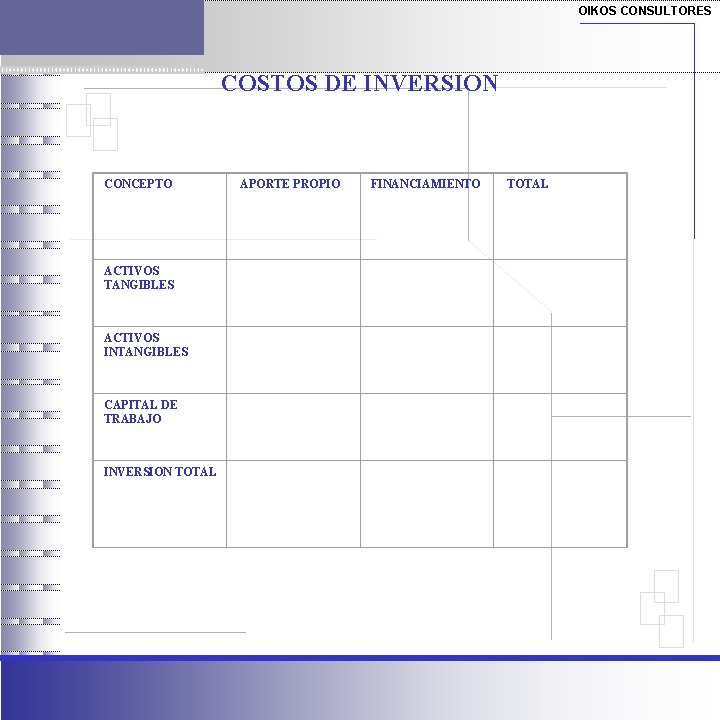 OIKOS CONSULTORES COSTOS DE INVERSION CONCEPTO APORTE PROPIO FINANCIAMIENTO TOTAL ACTIVOS INTANGIBLES CAPITAL DE