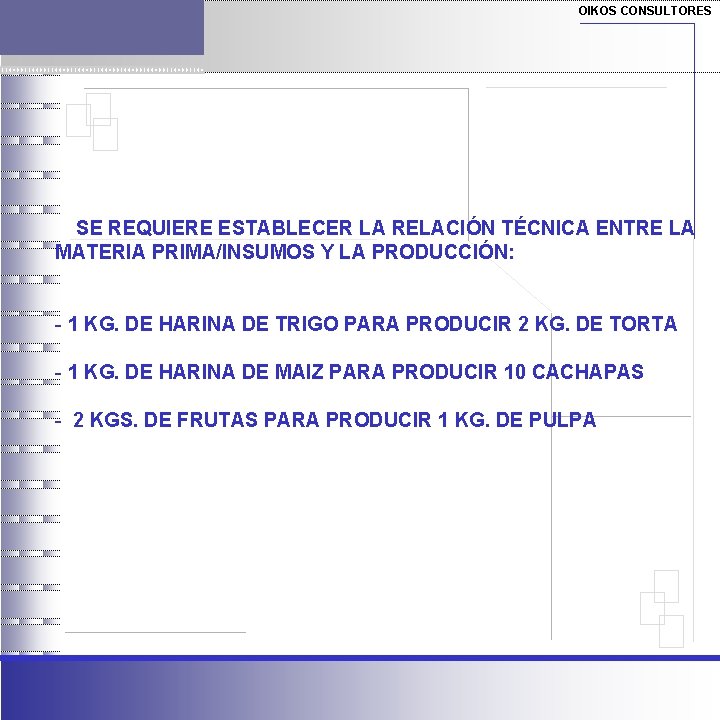 OIKOS CONSULTORES SE REQUIERE ESTABLECER LA RELACIÓN TÉCNICA ENTRE LA MATERIA PRIMA/INSUMOS Y LA