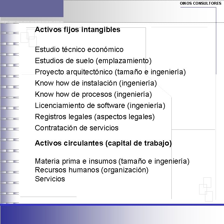 OIKOS CONSULTORES Activos fijos intangibles Estudio técnico económico Estudios de suelo (emplazamiento) Proyecto arquitectónico