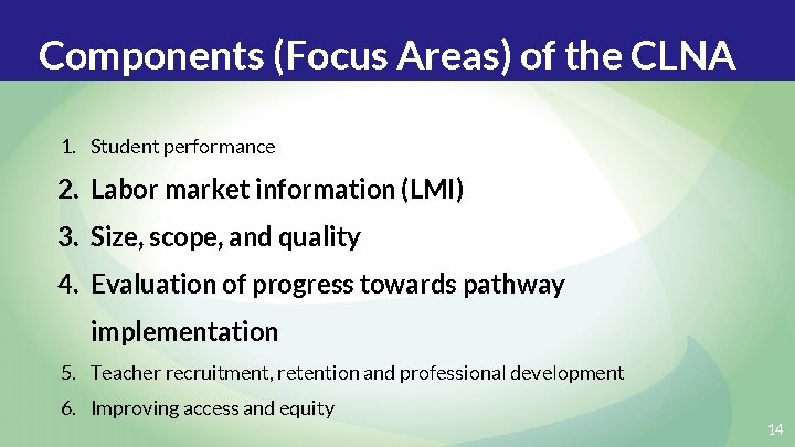 Components (Focus Areas) of the CLNA 1. Student performance 2. Labor market information (LMI)