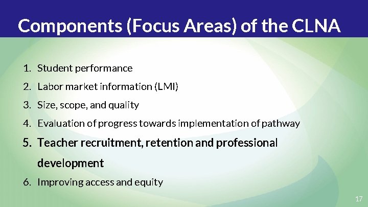 Components (Focus Areas) of the CLNA 1. Student performance 2. Labor market information (LMI)