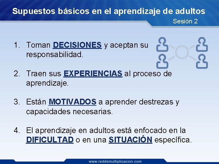 Supuestos básicos en el aprendizaje de adultos Sesión 2 1. Toman DECISIONES y aceptan