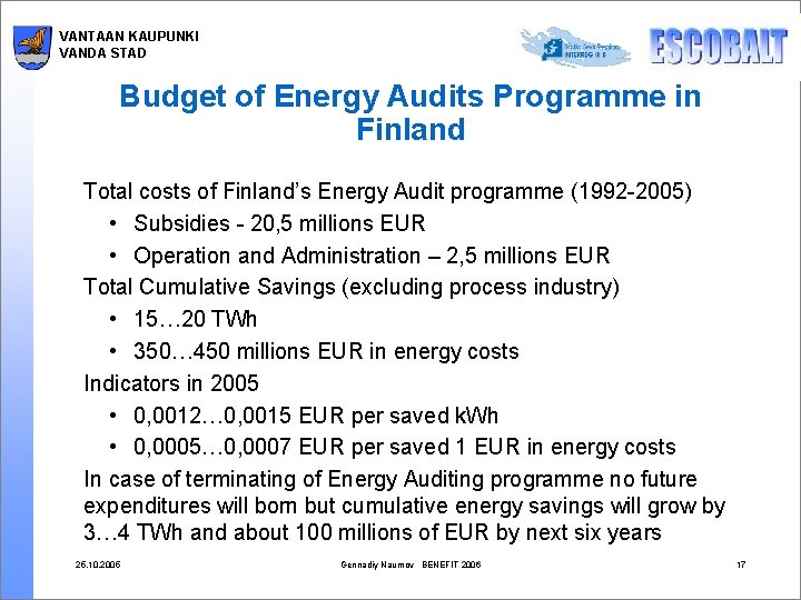 VANTAAN KAUPUNKI VANDA STAD Budget of Energy Audits Programme in Finland Total costs of