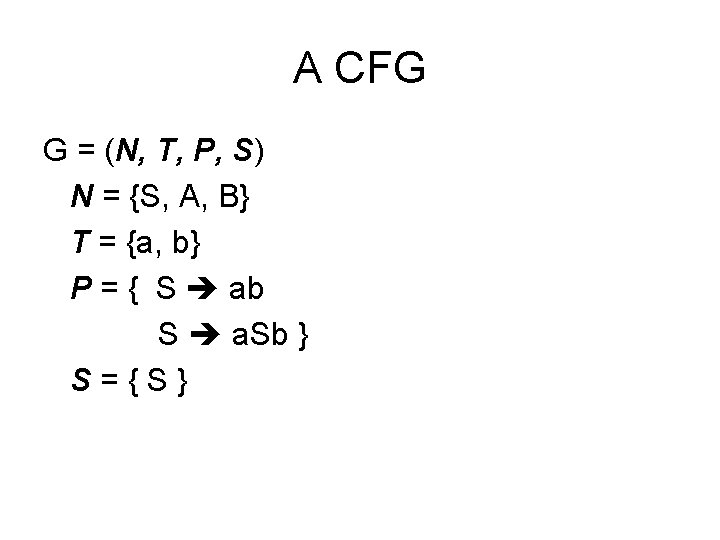 A CFG G = (N, T, P, S) N = {S, A, B} T