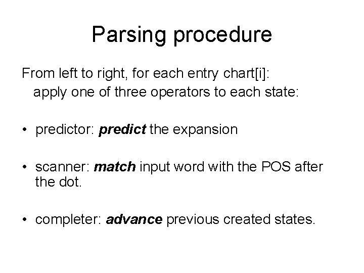 Parsing procedure From left to right, for each entry chart[i]: apply one of three
