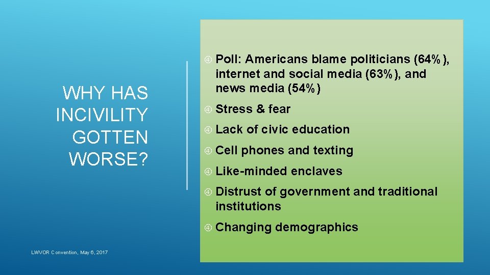  Poll: WHY HAS INCIVILITY GOTTEN WORSE? Americans blame politicians (64%), internet and social