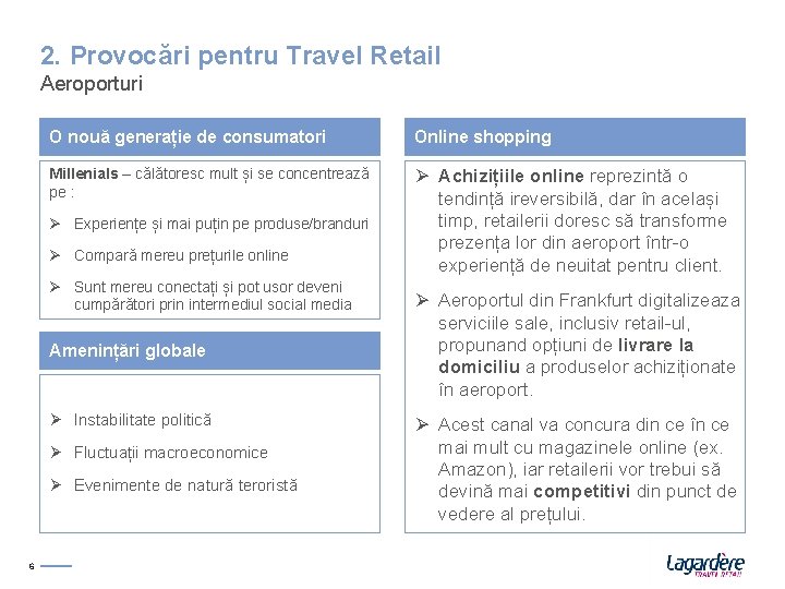 2. Provocări pentru Travel Retail Aeroporturi O nouă generație de consumatori Online shopping Millenials