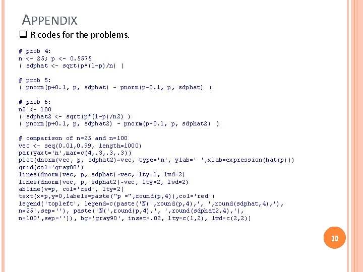 APPENDIX q R codes for the problems. # prob 4: n <- 25; p